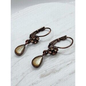 1928 Copper Tone Crystal & Mother Of Pearl Dangle Earrings Victorian Revival